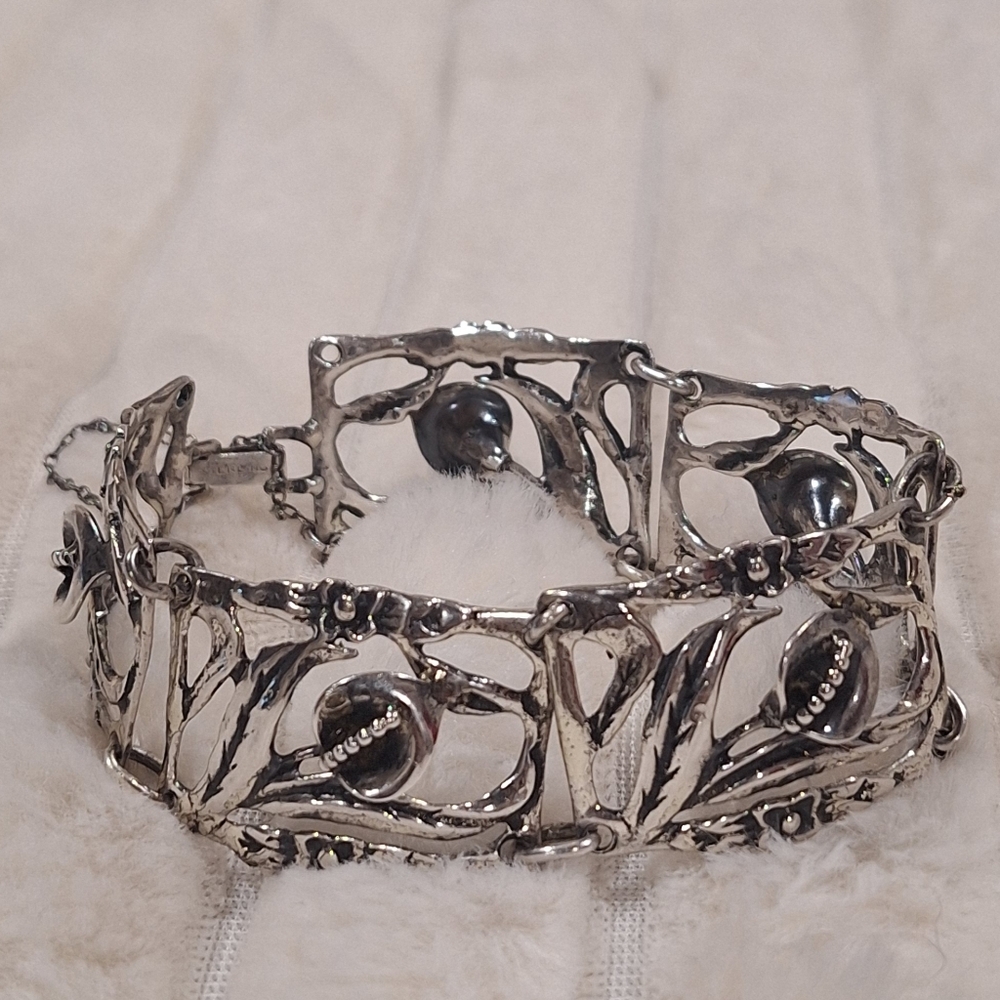 Calla Lily Panel Bracelet Wide Floral Art Nouveau 33.4g Sterling Silver